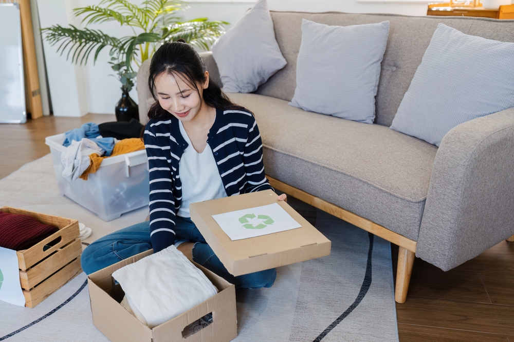 woman sitting in living room sorting items for recycling and donating